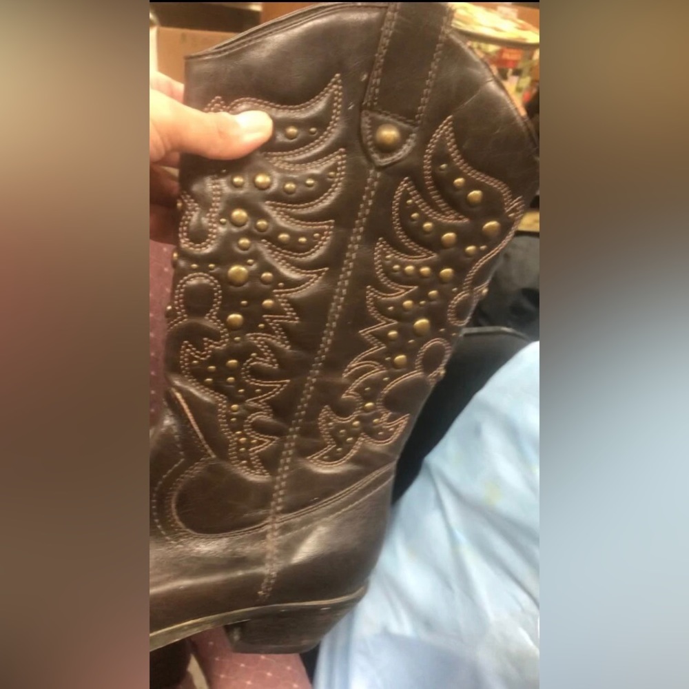 Brown faux leather studded cowboy boots